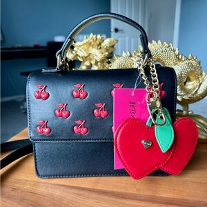 BETSEY JOHNSON CHERRY CROSSBODY SATCHEL BAG w/ RED HEART CHARM - NWT!!!